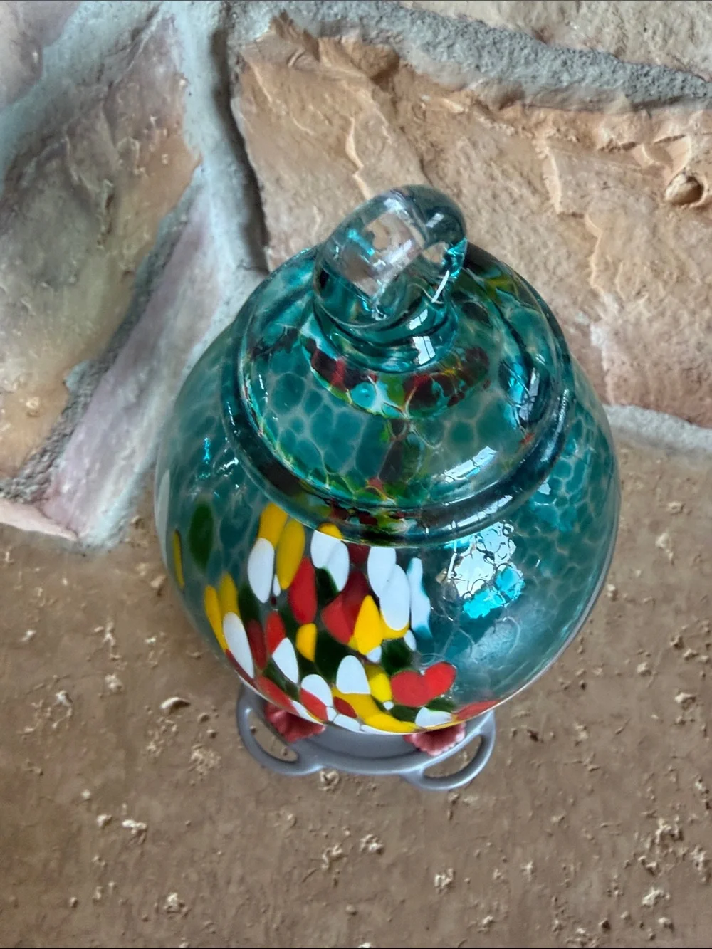 Hand-Blown Teal Glass Hummingbird Feeder with Multicolor Swirl